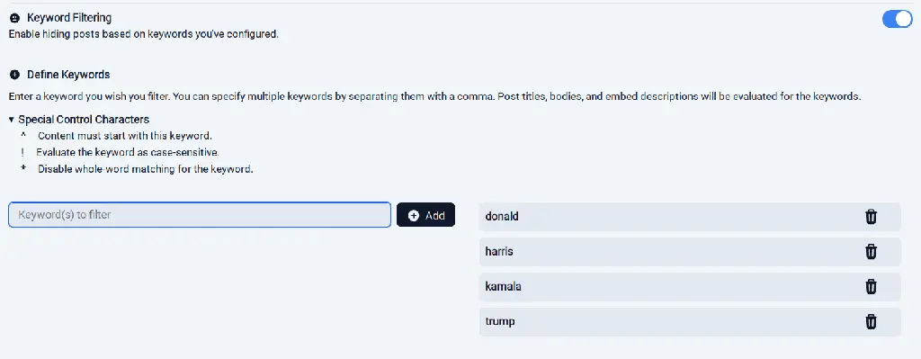 Example of Tesseract&#39;s options to filter posts based on keywords