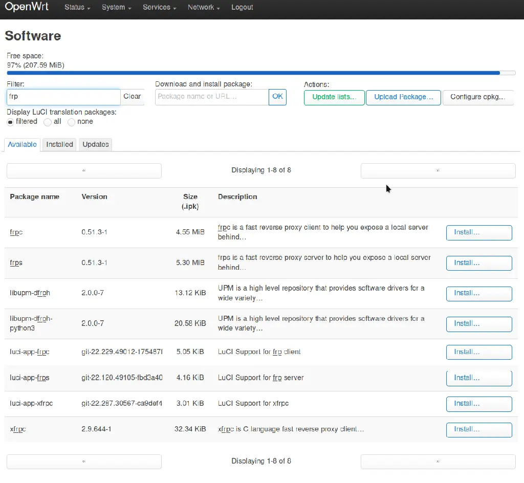 OpenWRT page showing the availability of FRP as an app